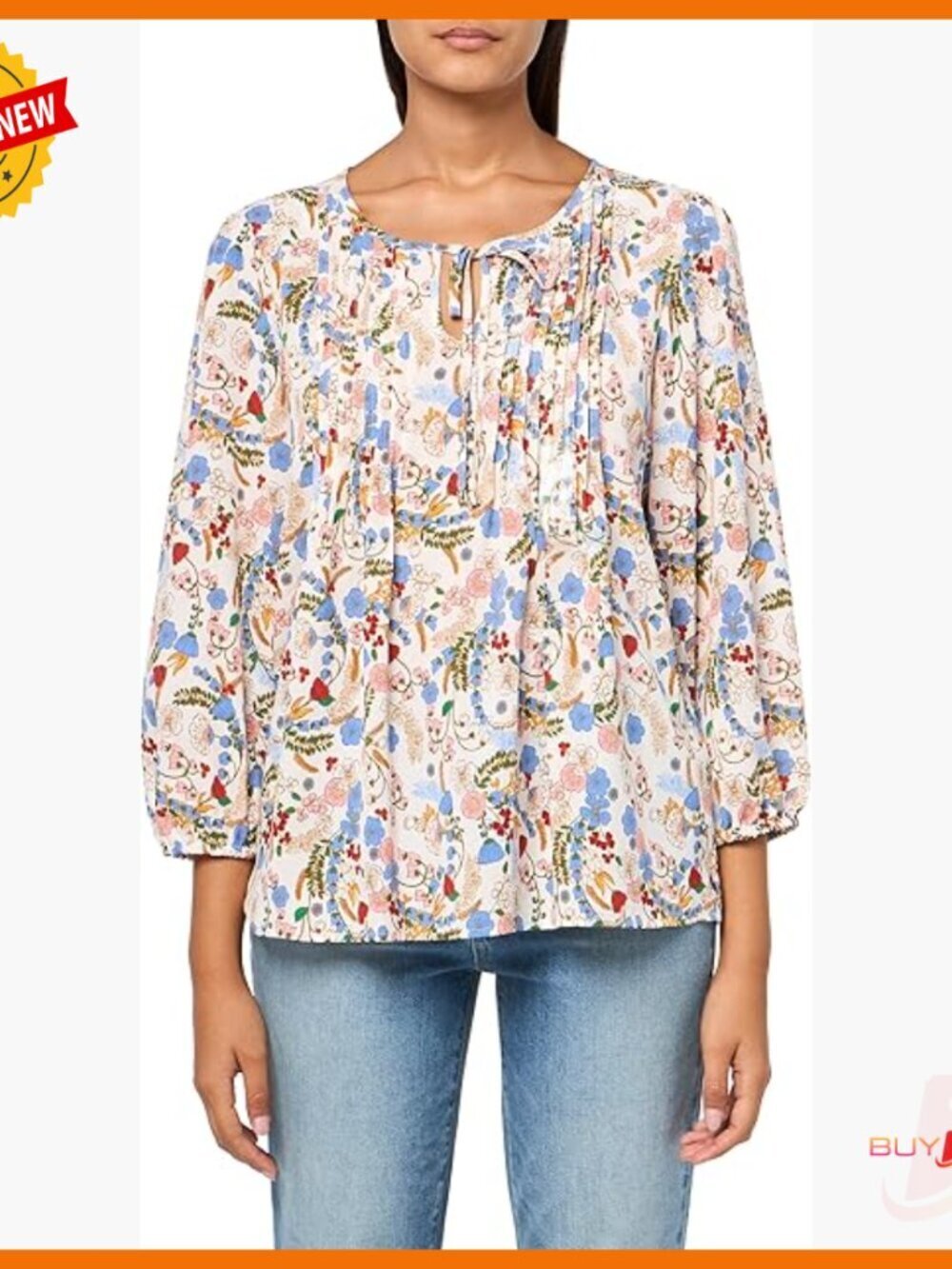 Floral Print Pintuck Blouse with Keyhole Neckline and Three-Quarter Sleeves